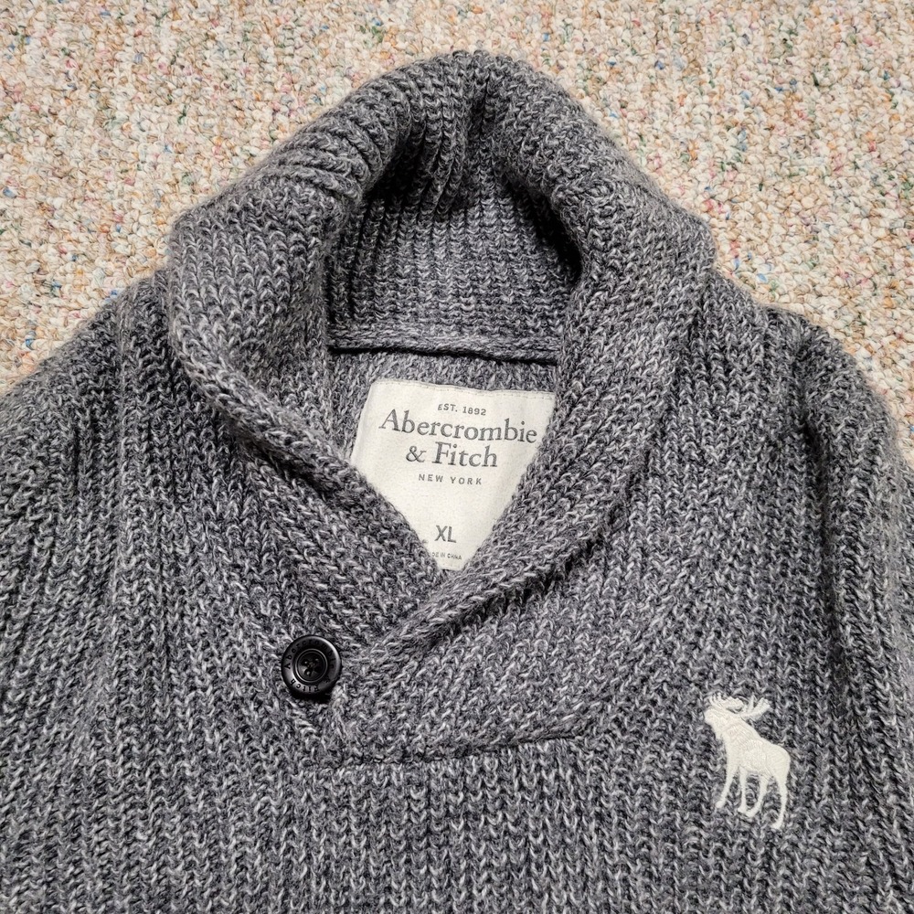 Abercrombie & Fitch Sweater Mens XL Gray Shawl Collar Fisherman Knit Moose Slim - Picture 2 of 15